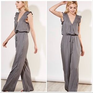Ruffled Satin wrap Jumpsuit Romper Wide Leg